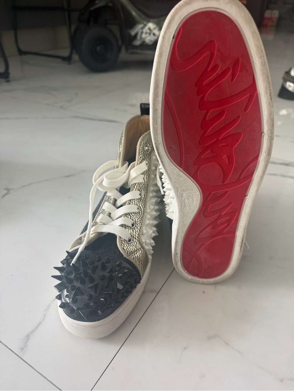 Christian Louboutin Men’s Low-Top Spiked Sneakers in Black, White & Red Sole